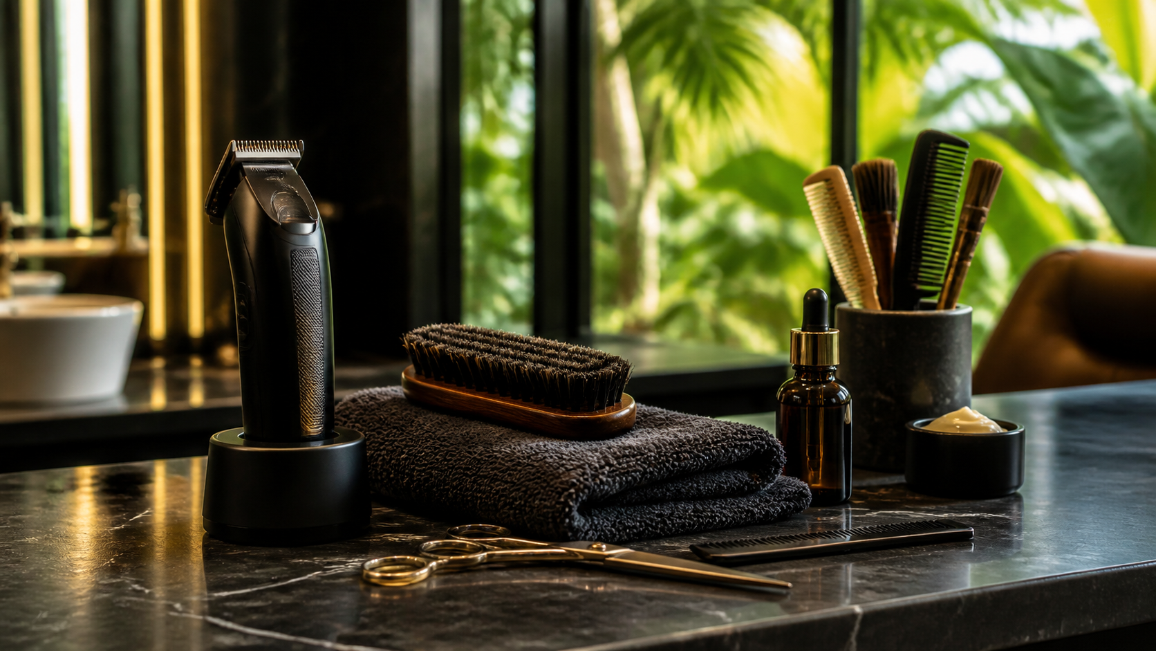 Beard grooming trimmer brush comb scissors and towel arranged for warm weather grooming