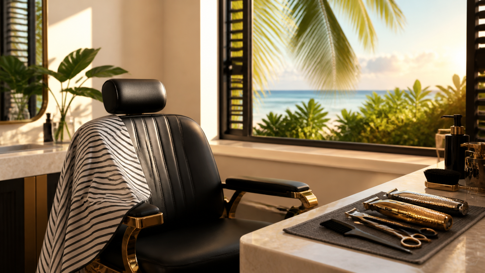 Luxury barber chair and grooming tools ready for a visitor haircut in Jamaica