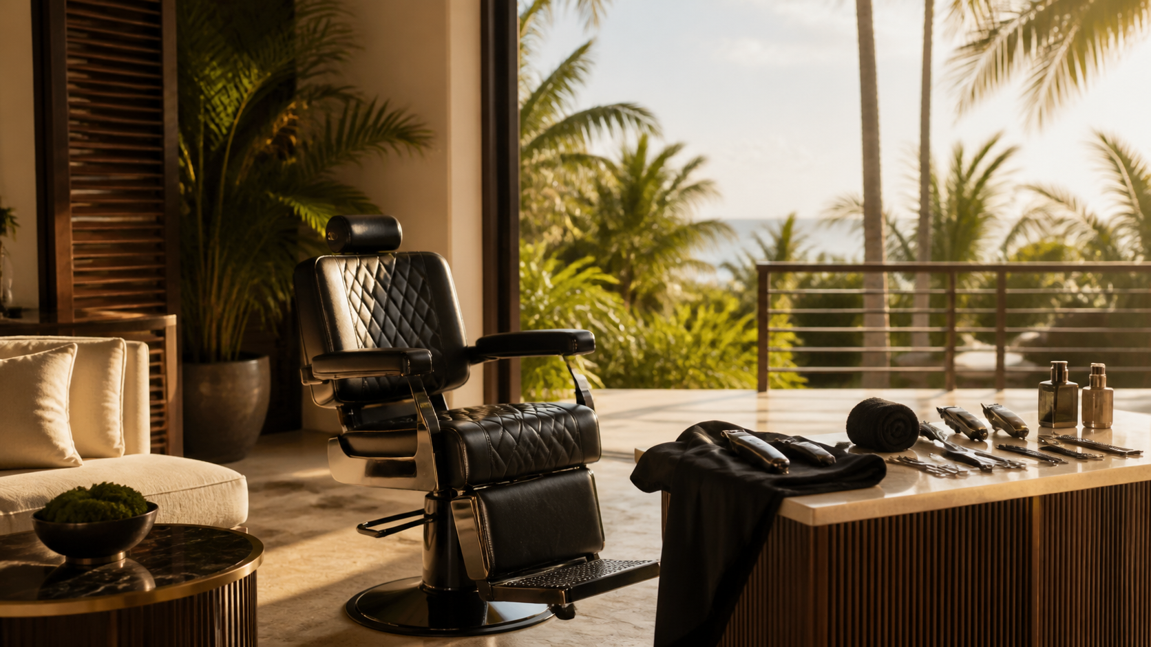 On-location barber chair and grooming tools set up for a villa appointment in Jamaica