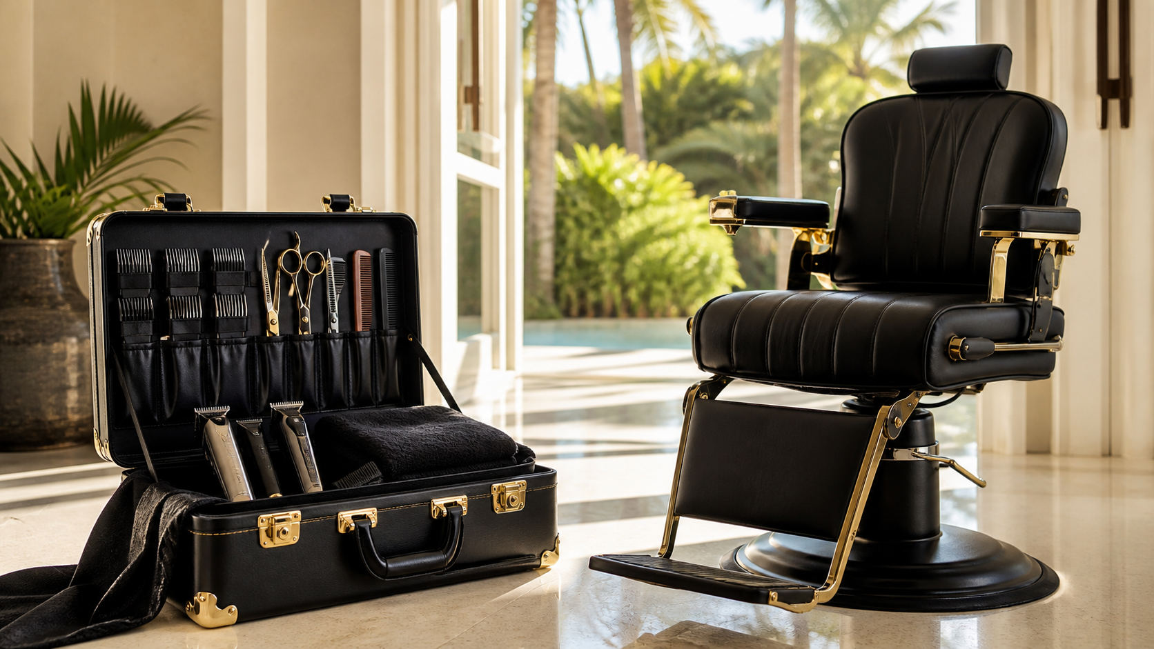 Mobile barber travel case and chair prepared for visitor grooming services in Jamaica