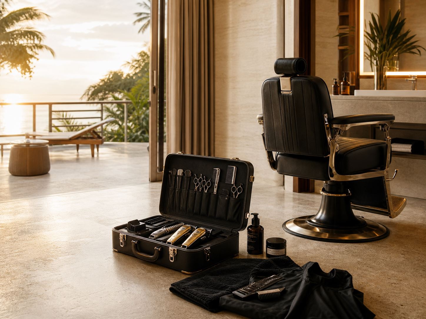 Mobile barber tools and chair set up for hotel, villa or vacation rental appointments