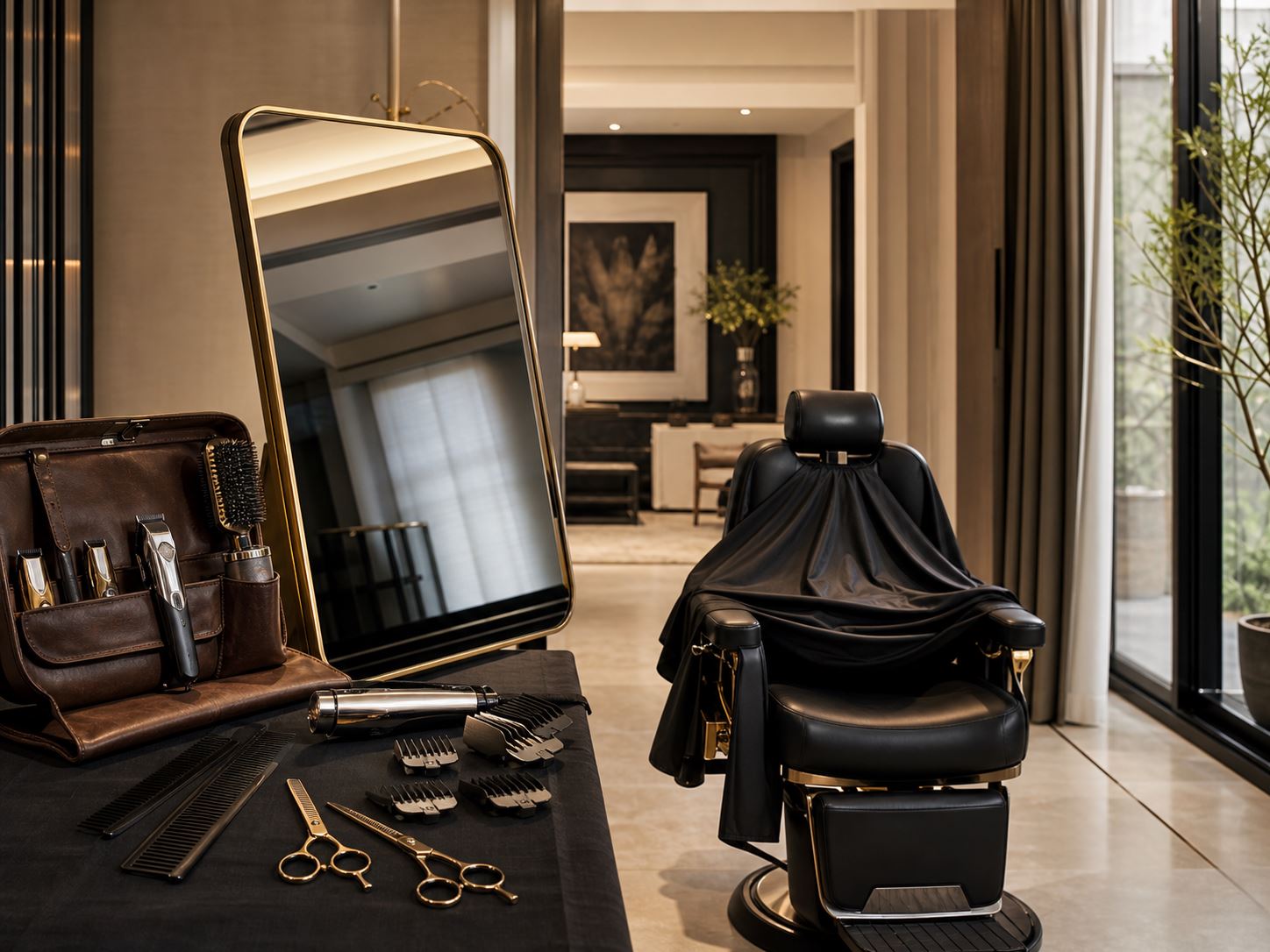 Mobile barber grooming kit with clippers, scissors and chair prepared for an on-location appointment