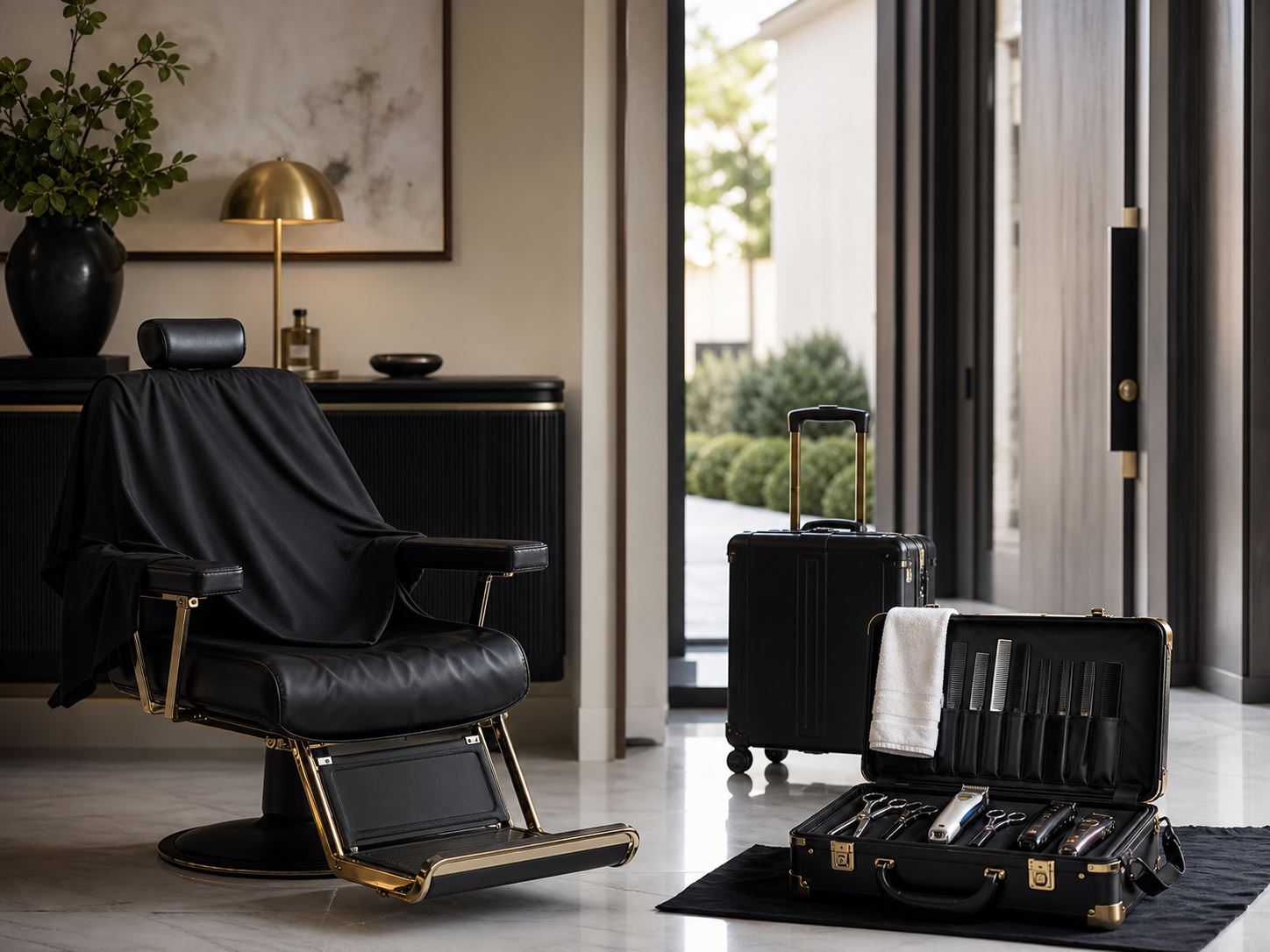 Portable barber chair and travel grooming case ready for convenient on-location service