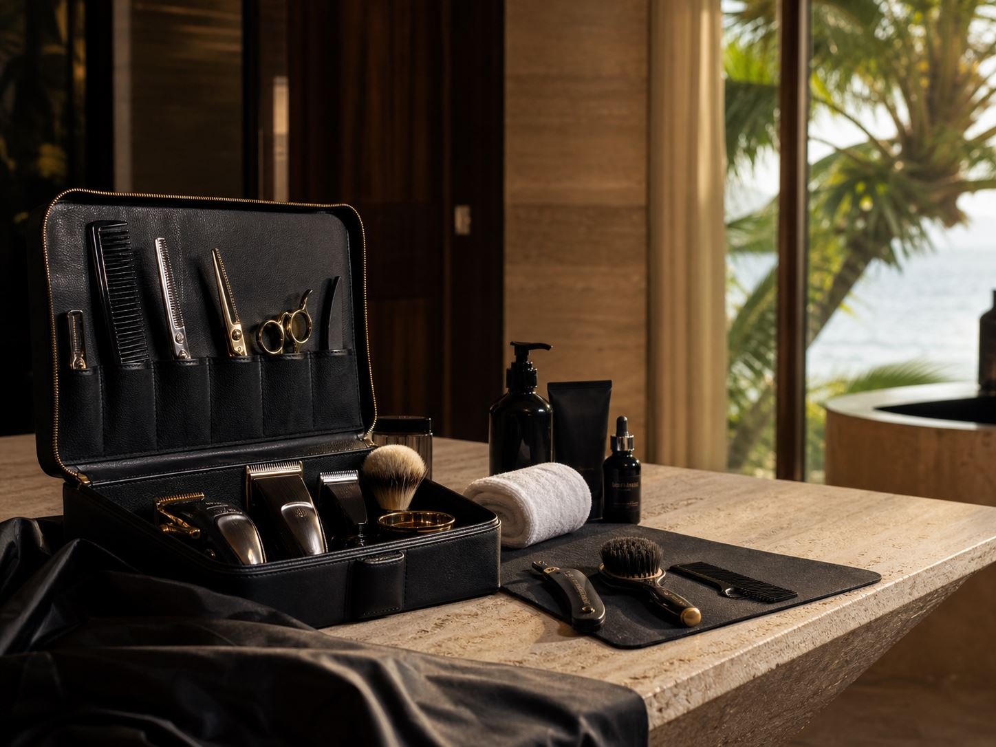 Premium mobile barber tools arranged for grooming service wherever clients are staying