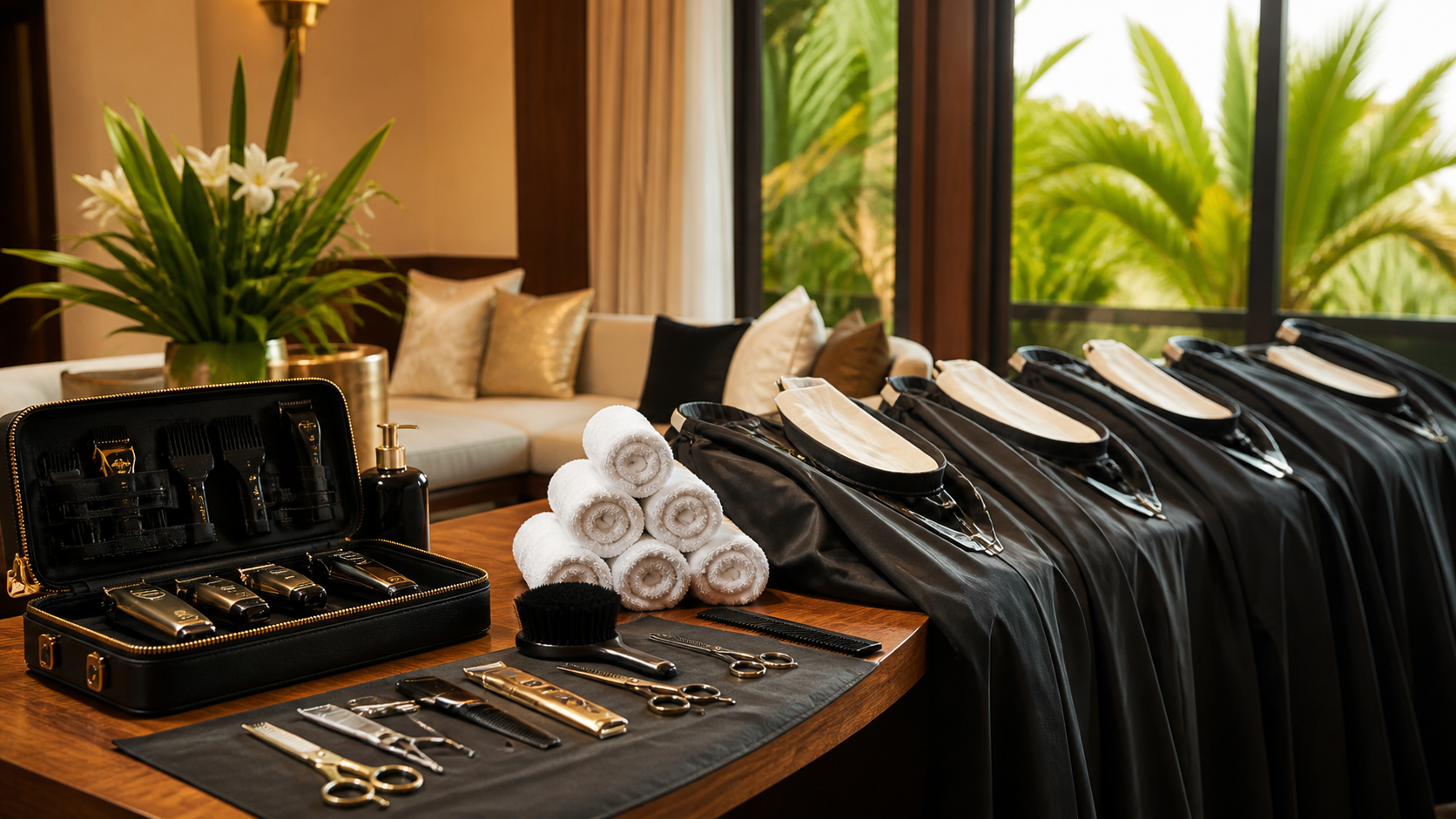 Mobile barber tools towels and capes arranged for special event grooming preparation