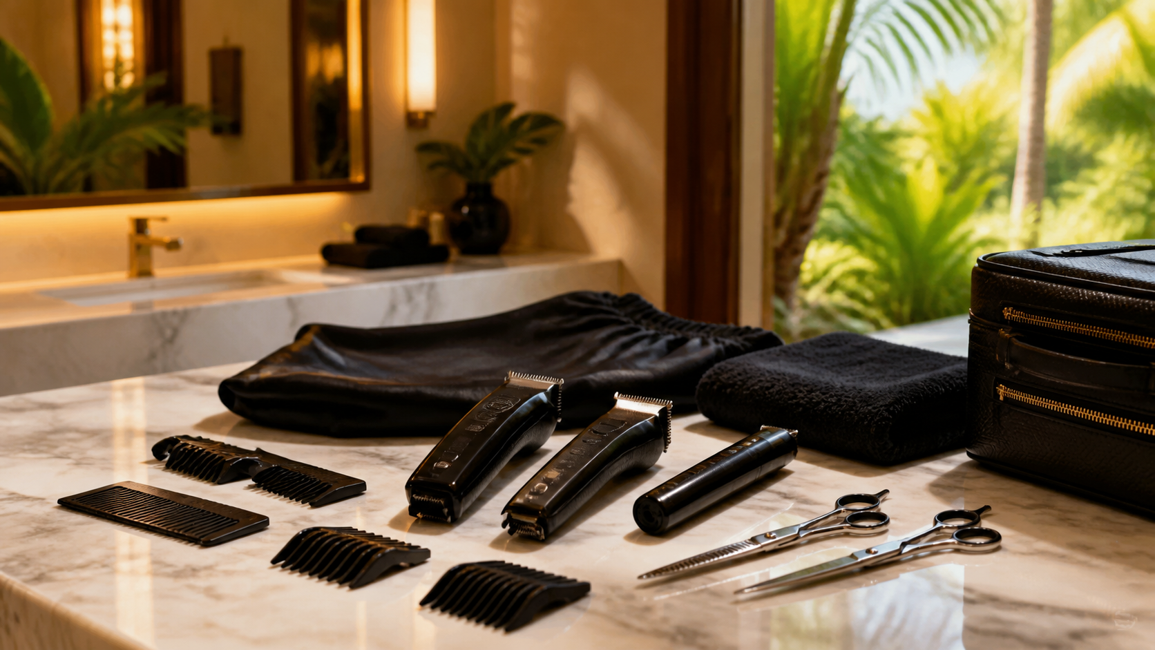 Mobile barber clippers scissors combs towel and cape arranged for a hotel villa or Airbnb appointment