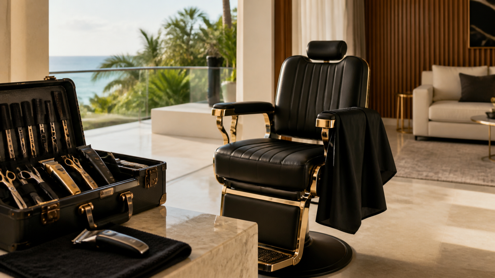 Mobile barber chair and travel grooming case prepared for a private residence appointment in Jamaica
